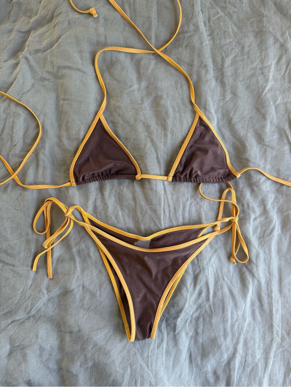 Bright Swimwear Triangle String Bikini in Chocolate with Yellow Trim